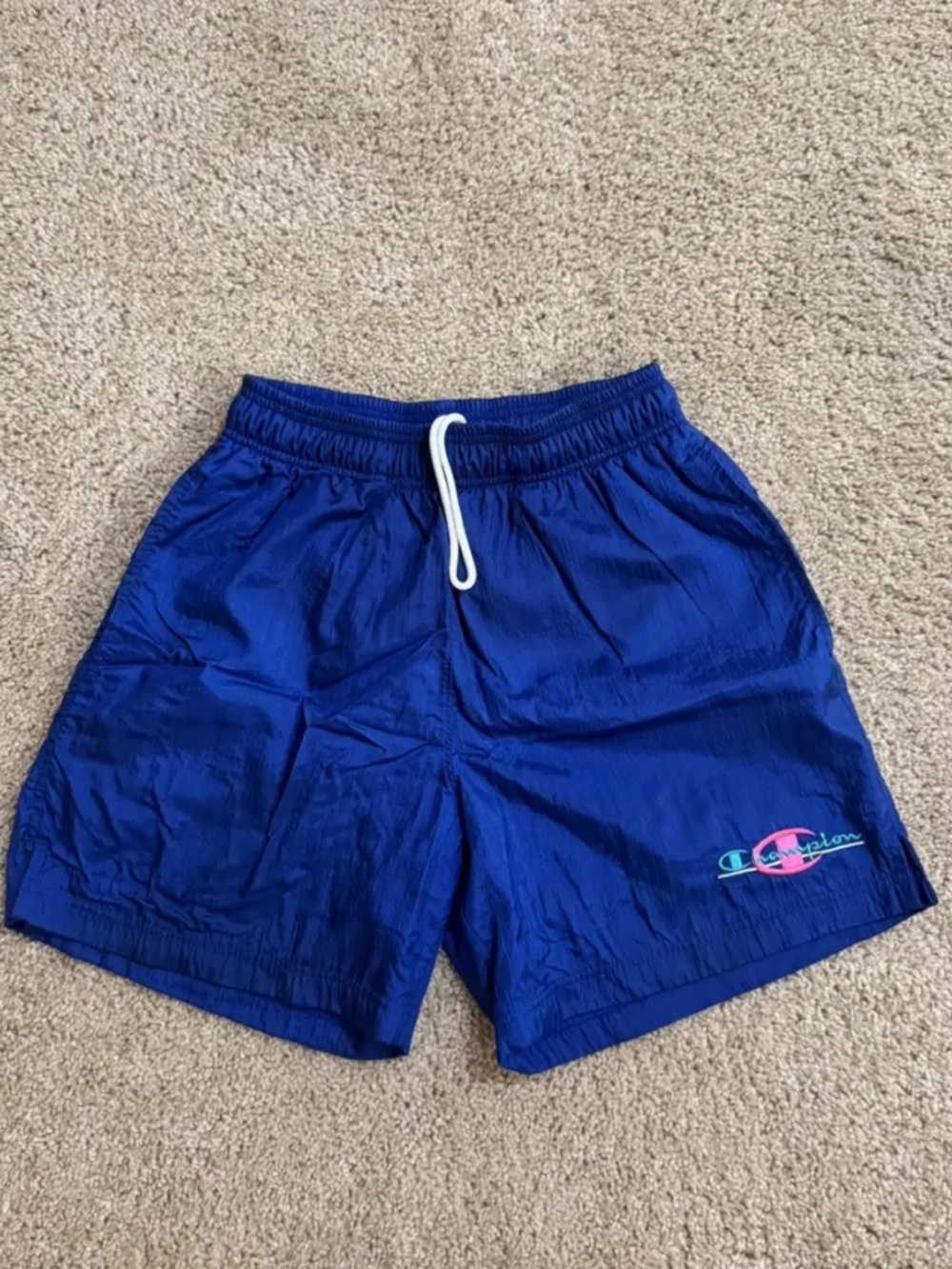Champion Royal Blue Athletic Shorts with Pink & Teal Logo